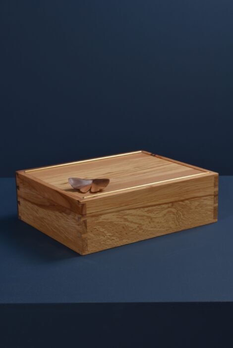 Hand-carved walnut and spalted beech box with sculpted ginkgo leaf, maple tray with yellow wool felt cushion and embroidered ginkgo leaf, brass mesh container, brass accents and soft leather lining, titled Ginkgo