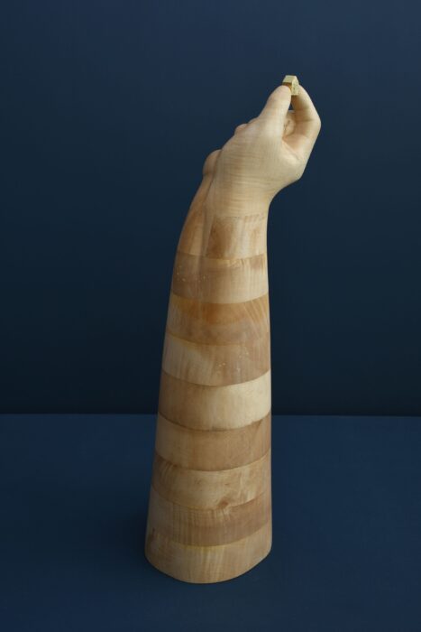 Wooden sculpture of big hand holding a small house 2