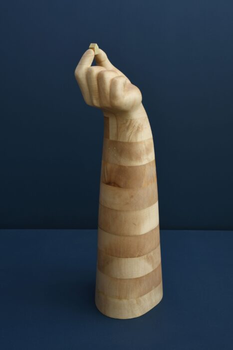 Wooden sculpture of big hand holding a small house 4